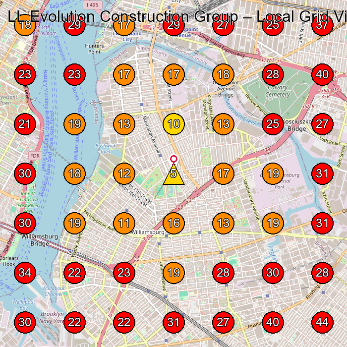 LL Evolution Construction Group GeoGrid visibility map for Roofing Contractor in Brooklyn